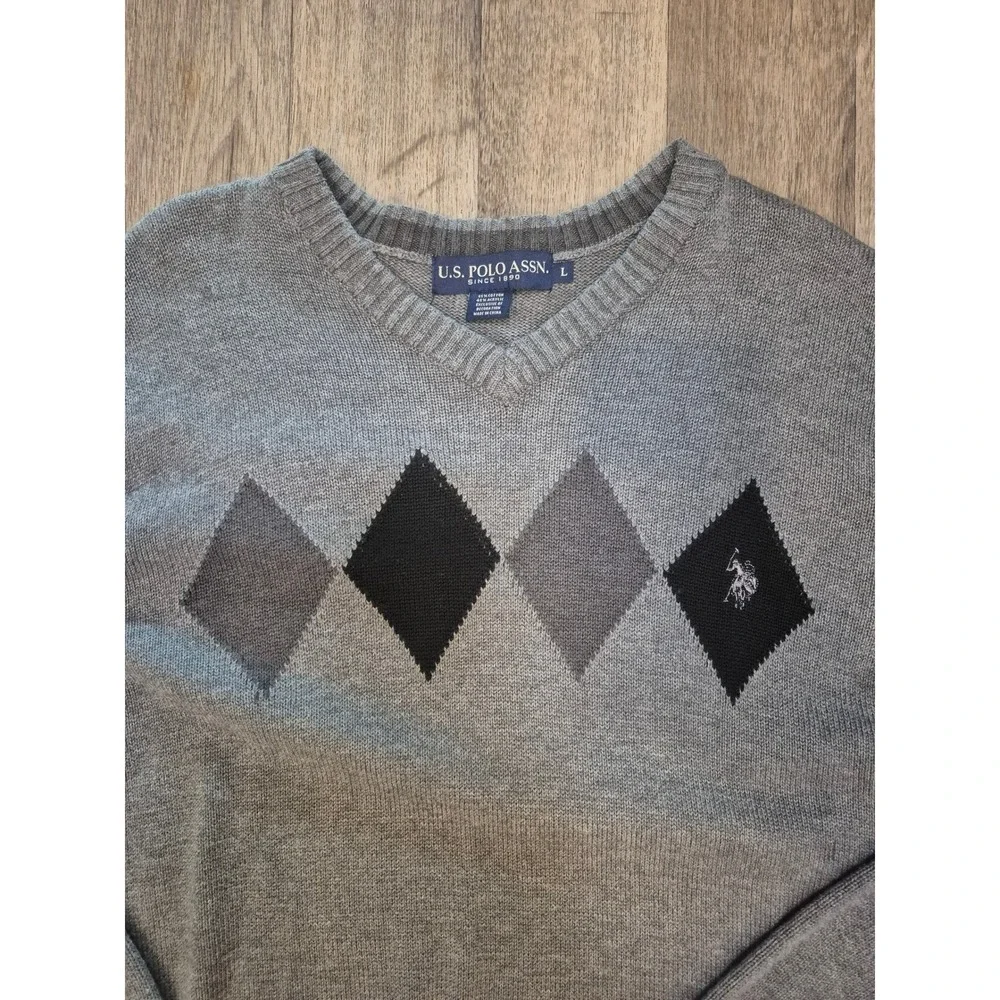 COZY CABINCORE ECLECTIC RETRO Gray‎ Argyle V-Neck Sweater Cotton Blend Large
